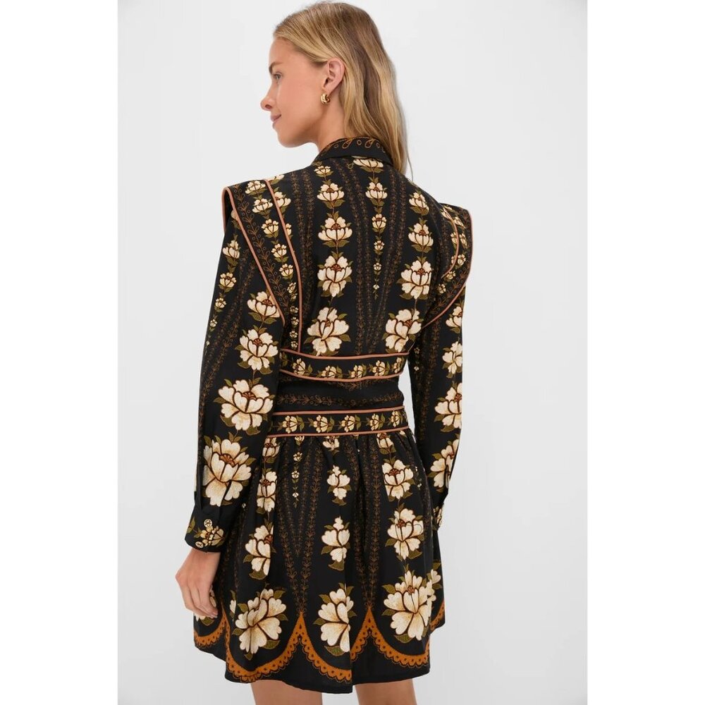 Farm Rio Topstitching Long Sleeve Mini Dress in Black Embroidered Flower Small - Picture 13 of 14